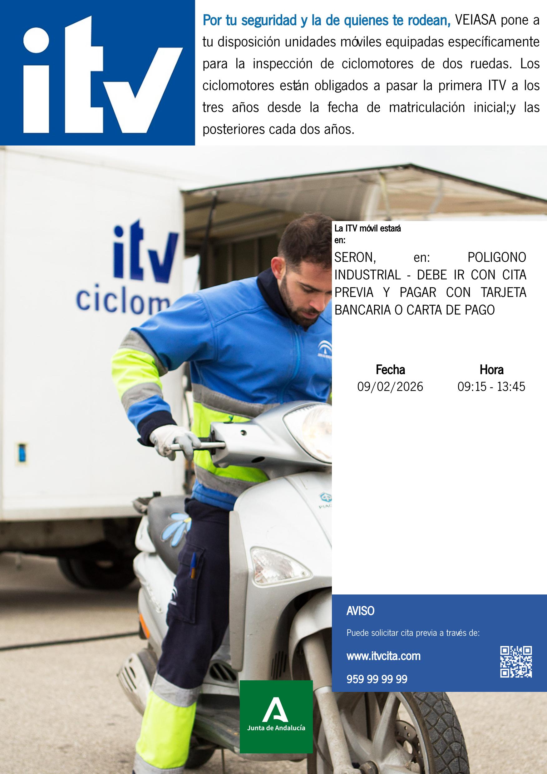  Recordatorio inspección de ciclomotores de dos ruedas ITV en Serón 09/02/2026 de 09:15 h a 13:45 h